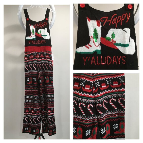 NWT EYESHADOW XMas HAPPY Y'ALLDAYS Sequin Country Cowboy Christmas Knit Overalls - Picture 1 of 15